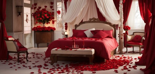 A chic Valentine's bedroom with a trendy bed, red rose petals in elegant heart designs, and fashionable pestles.