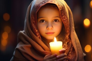 Portrait of a cute, lovely little girl with a headscarf holding a candle in a church - obrazy, fototapety, plakaty