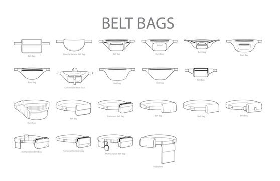 Set of Belt Bum silhouette bags. Fashion accessory technical illustration. Vector satchel front 3-4 view for Men, women, unisex style, flat handbag CAD mockup sketch outline isolated