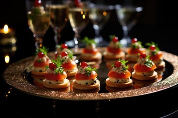 Elegant canapés on a gold tray, with champagne glasses in the background