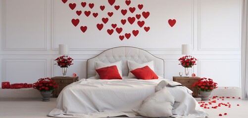 A contemporary Valentine's bedroom with a minimalistic bed, strategically placed red roses, heart-shaped objects, and modern pestles.