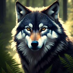 Super Realistic Portrait of A Wolf with Ferns in The Forest Animal Illustration