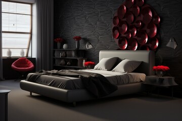 A contemporary Valentine's bedroom with a modern bed, geometric red rose patterns, heart decor, and sleek pestles.