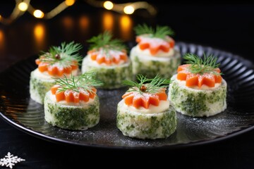 Festive sushi rolls with carrot and cream cheese topping, garnished with dill