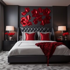 A contemporary Valentine's bedroom with a sleek bed, vibrant red roses, and geometric heart patterns on the wall.