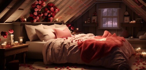 A cozy attic bedroom with slanted ceilings, a plush comforter, and a heart made from a mix of red and pink rose petals on the bed. - obrazy, fototapety, plakaty