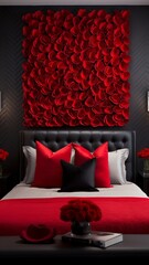A contemporary Valentine's bedroom with a sleek bed, vibrant red roses, and geometric heart patterns on the wall.
