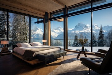 Luxurious mountain view bedroom with plush bedding and modern decor