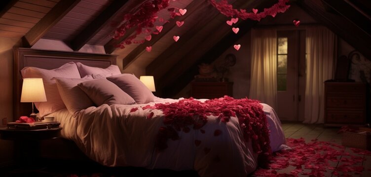 A cozy attic bedroom with slanted ceilings, a plush comforter, and a heart made from a mix of red and pink rose petals on the bed.