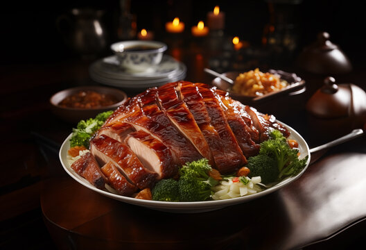 Delicious Traditional Peking Duck Breast with Vegetables in a Chinese Restaurant