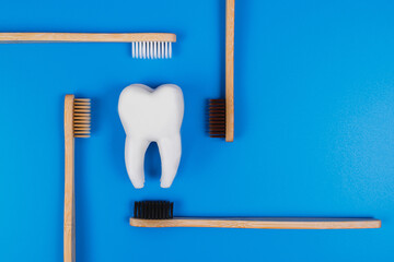 Tooth and eco tooth brushes on a blue background. Concept of dental examination of teeth, health...