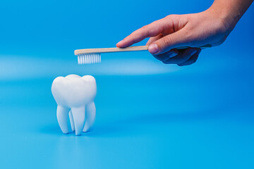 A woman brushes her teeth with an eco-friendly toothbrush. tooth on a blue background. Prevention...