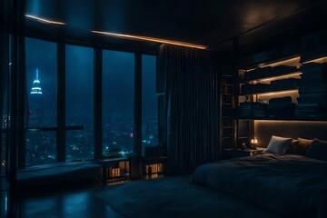 Beautiful cozy, tiny, cramped bedroom with floor to ceiling glass windows overlooking a cyberpunk city at night, view from top of skyscraper, bookshelves, thunderstorm outside with torrential rain, de