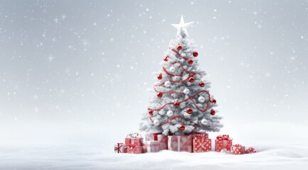 Snowy Christmas scene with decorated tree and red wrapped gifts