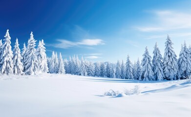 Expansive snowy landscape with towering frost-laden fir trees under a brilliant blue sky, bathed in sunlight