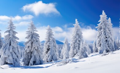 Fototapeta na wymiar Breathtaking winter landscape with snow-covered trees under a clear blue sky, untouched snow blanketing the ground