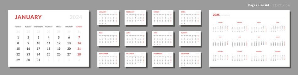 Set of Monthly page Calendar Planner Template on 2024. Vector layout horizontal of a wall or desk calendar with week start Monday. Pages for size A4 or 21x29.7 cm. Isolated Calendar grid for print.