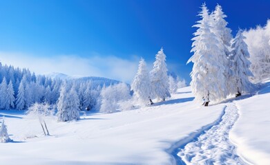 Obraz premium A path of footprints leads through a pristine snowscape surrounded by frosted pine trees under a radiant blue sky