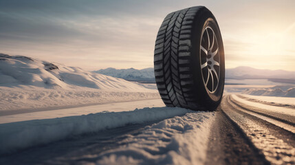 Winter tire on snow and ice road advertisement for safety and background space for text. Car...