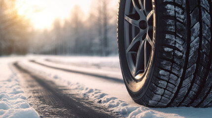 Winter tire on snow and ice road advertisement for safety and background space for text. Car concept. Tire concept. Road concept. Repair concept. - obrazy, fototapety, plakaty