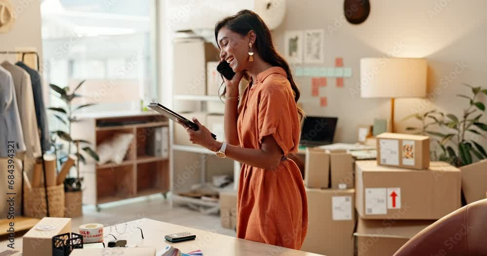 Aufkleber boxes, phone call and woman with a tablet, business and smile with connection, digital app and commu