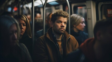 Commuters in a Crowded Subway Car. Generative ai