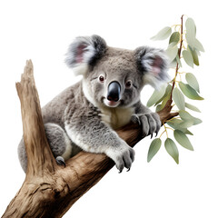 Koala bear on a branch isolated on transparent background cutout, PNG file.