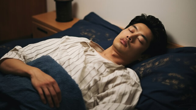 ベッドで寝ている若い日本人男性GenerativeAI