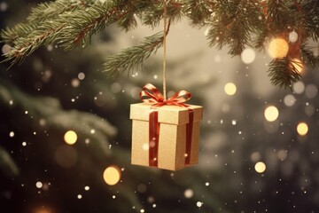 Fototapeta na wymiar Golden gift box with festive decoration on a Christmas tree