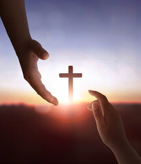 Jesus Christ reaching out to help human on cross background - obrazy, fototapety, plakaty