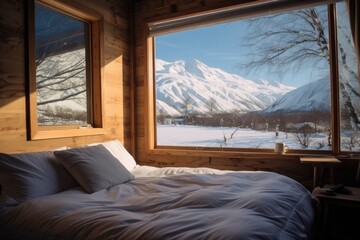 Sunny bedroom overlooking snow-capped mountains in the morning