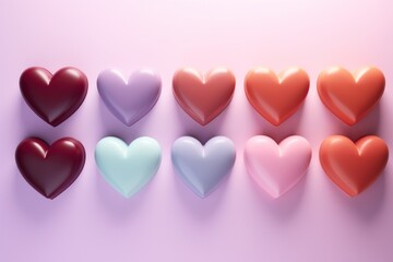 Hearts in rows against pastel backdrop, orderly love and harmony.