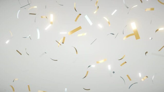 Golden and silver confetti party popper falling on light background, 4K greeting holiday animation