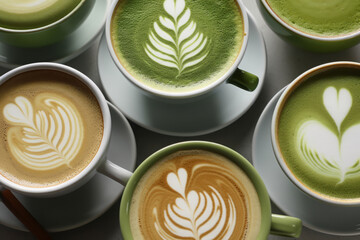 Many matcha and turmeric lattes in mugs with latte art overhead view - obrazy, fototapety, plakaty