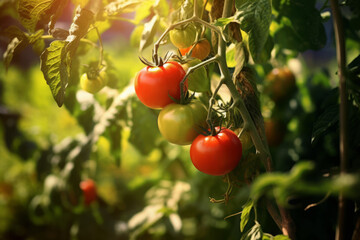 Fototapeta premium Tomato plant in the garden with red and green tomatoes on a vine