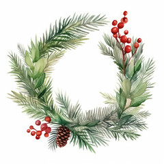Christmas wreath watercolor illustration, red and green festive wreath