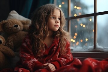 Girl in a red blanket by the window