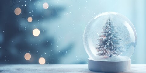 Fototapeta na wymiar christmas sphere made of glass with a tiny christmas tree inside, light blue background, out of focus snow particles and bokeh lights