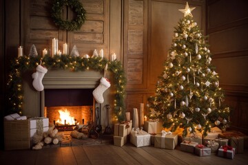 Fototapeta na wymiar interior christmas wooden living room. magic glowing tree, fireplace, gifts under the tree