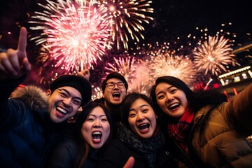 group of Asian friends taking a selfie on new year’s eve celebration, with fireworks at the background, young adults smiling cheerfully having a good time nightlife - obrazy, fototapety, plakaty