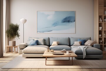 A modern living room corner with a blue sofa and an abstract painting on the wall