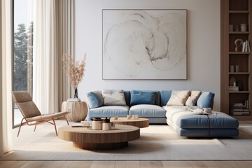 A living room interior with a sofa in pastel tones and an abstract picture on the wall