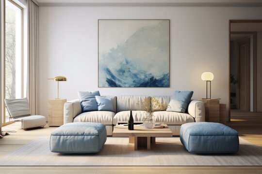 A modern living room corner with a blue sofa and an abstract painting on the wall
