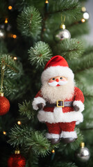 Obraz na płótnie Canvas A christmas toy Santa Claus hanging on a fir branch. Textile soft New Year's toy