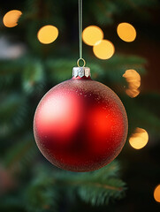 A red Christmas ball on a fir branch background close up