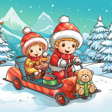 christmas, cute cover page for a children's coloring book, children's book illustrations
