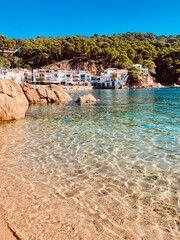 Main view of Tamariu village from "Platja dels Liris" beach, one of the most amazing spots of Costa Brava seaside, Girona, Catalonia, Spain.