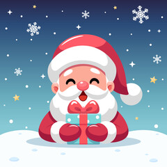 Smiling Santa Claus holding Christmas gift box on night sky background with snow, snowflakes, stars. Vector cartoon illustration.