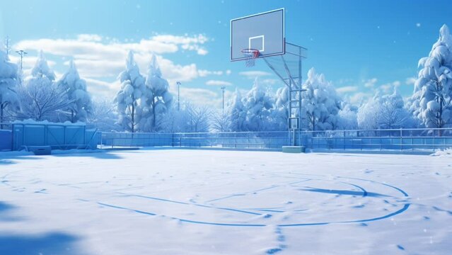 Basketball court covered in snow during winter and snowfall. seamless looping video background animation, anime ilustration style. Generated with AI