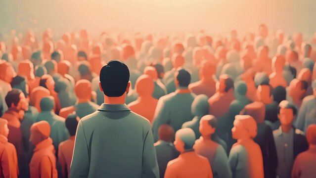 Minimal flat motion of someone giving in to peer pressure and following the crowd, seeking instant acceptance and fitting in instead of staying true to 2D cartoon animation. .